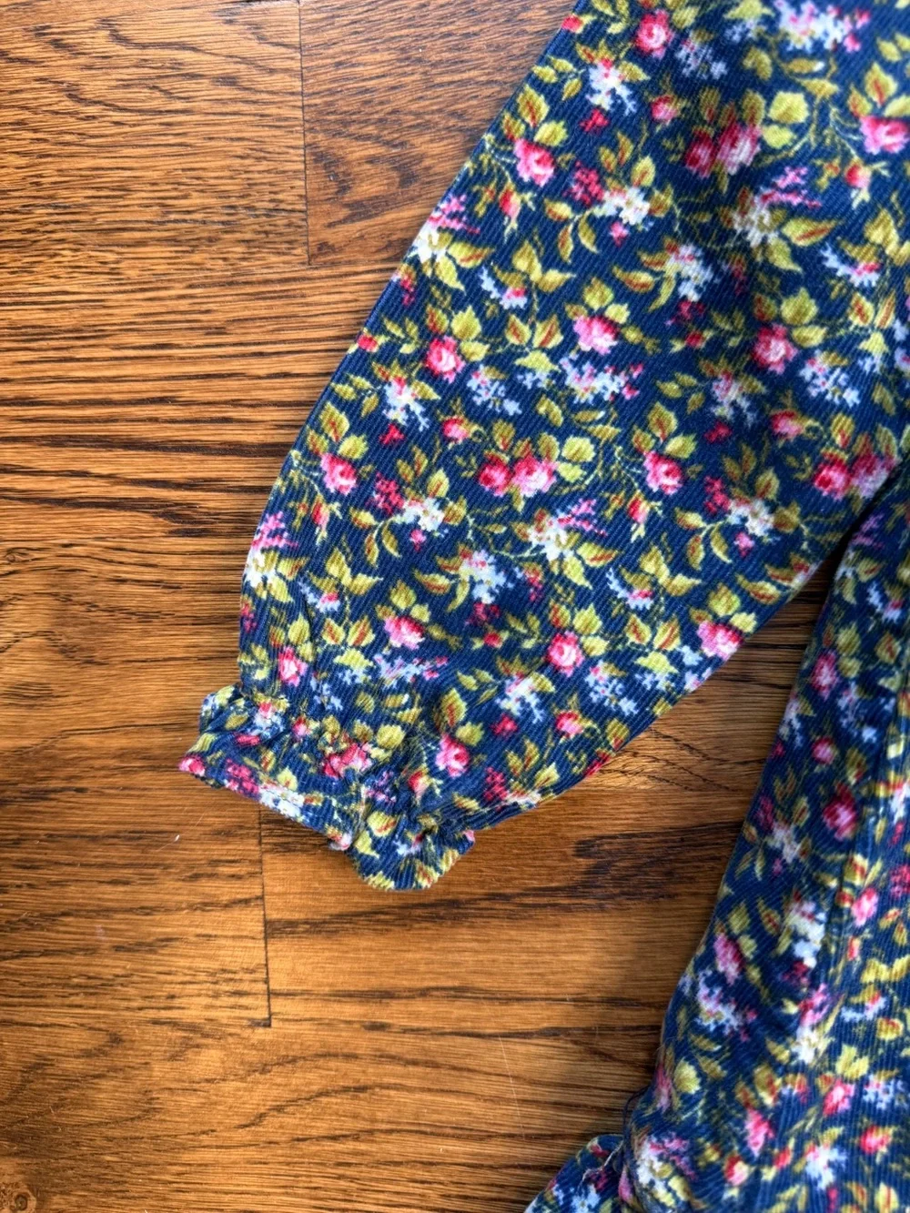 Ralph Lauren Girls Navy Calico Floral Ruffled Hem Corduroy Long Sleeve Dress 12M